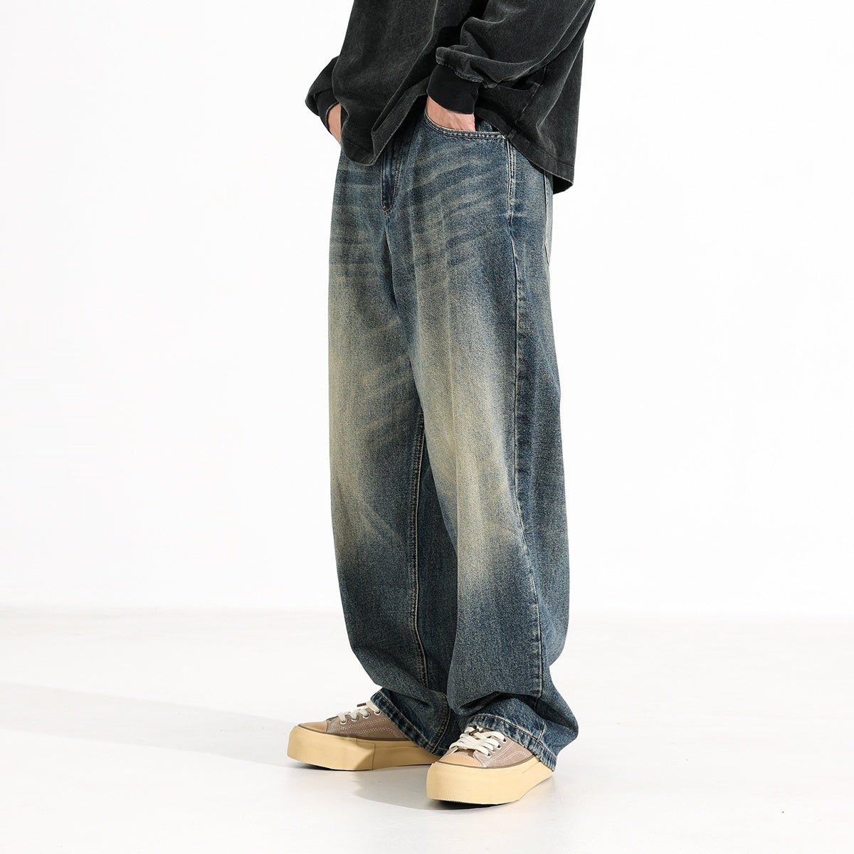American Retro Hanging Loose Wide Leg Jeans For Men