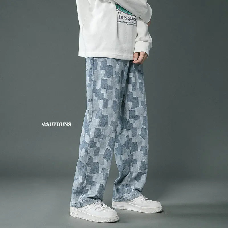 Men's Fitted Baggy Straight Jeans in Blue & Black