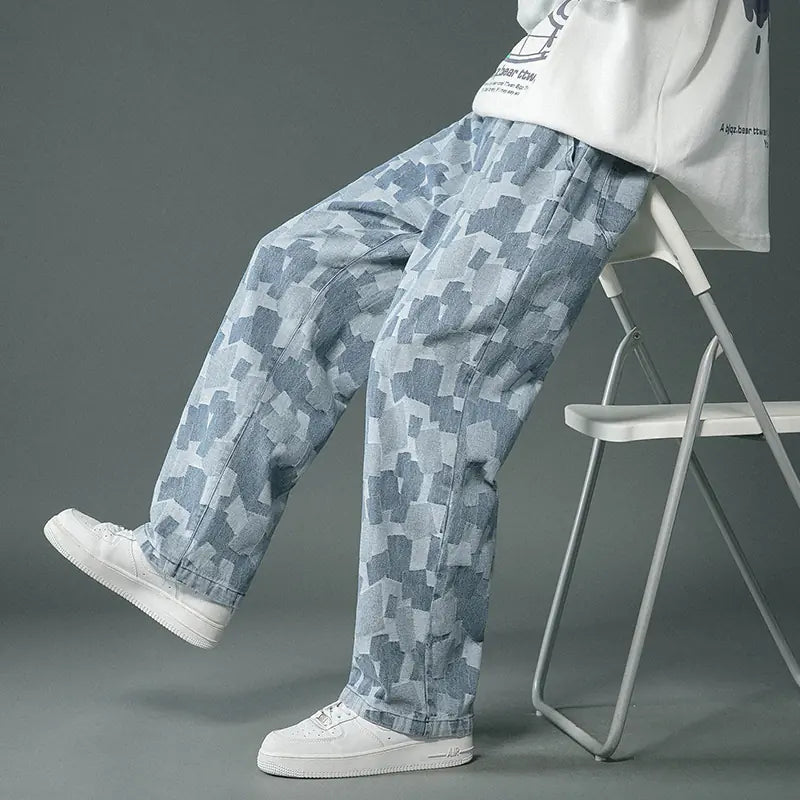 Men's Fitted Baggy Straight Jeans in Blue & Black