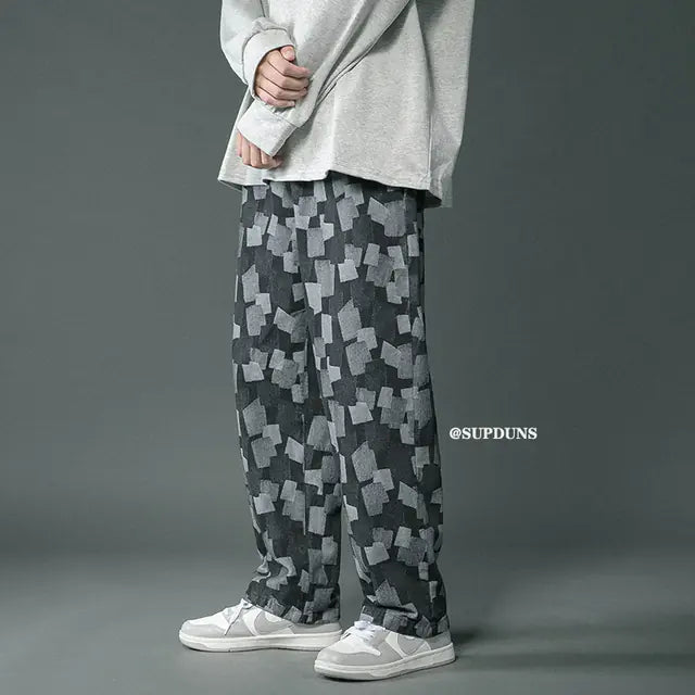 Men's Fitted Baggy Straight Jeans in Blue & Black