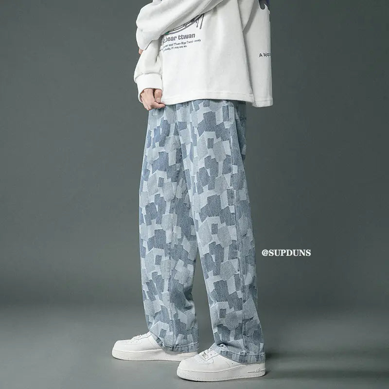 Men's Fitted Baggy Straight Jeans in Blue & Black